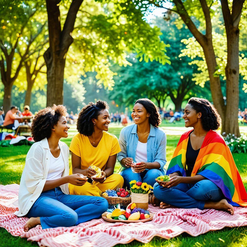 A colorful gathering of diverse lesbian couples enjoying a sunny day at a park, featuring rainbow flags, laughter, and a picnic setting. Include elements like flowers and trees to signify growth, and a sense of joy and acceptance. Capture vibrant expressions and interactions to reflect a warm community spirit. super-realistic. vibrant colors. 3D.