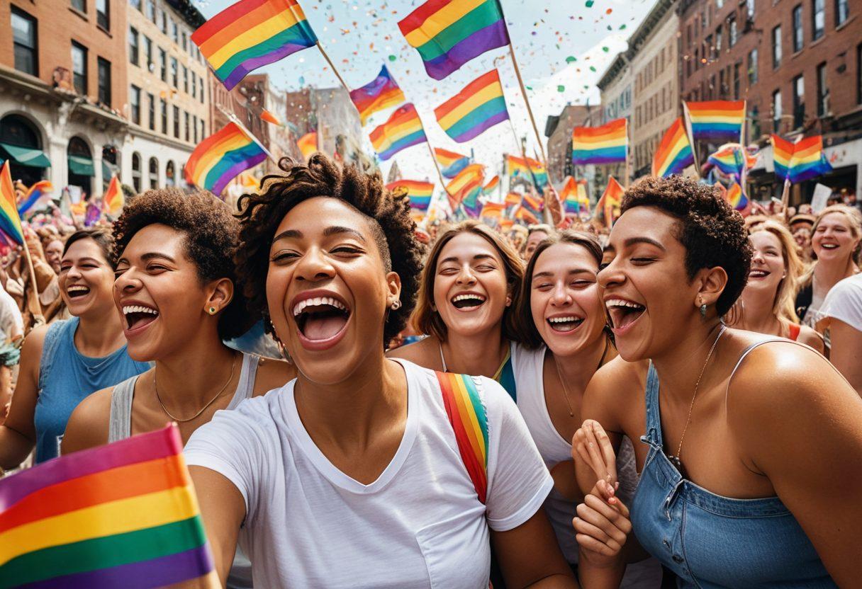 A vibrant collage depicting a diverse group of lesbian women of various backgrounds celebrating together in a parade, adorned in colorful flags and flowers. Include symbols of advocacy like rainbows and protest signs intermingled with imagery of joy, such as confetti and laughter. The background should feature iconic landmarks representing LGBTQ+ history and culture. super-realistic. vibrant colors. festive atmosphere.