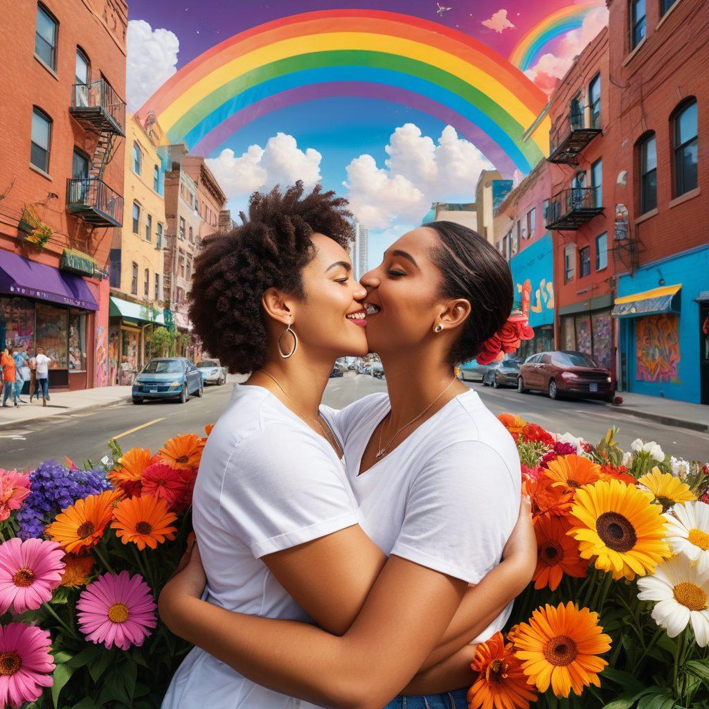 A vibrant and colorful collage showcasing diverse lesbian couples in joyful embrace, surrounded by symbols of love and pride like rainbows and flowers. In the background, a cityscape adorned with murals celebrating LGBTQ+ culture, reflecting empowerment and identity. The atmosphere is lively and inclusive, inviting viewers to celebrate love and community. super-realistic. vibrant colors. wide-angle perspective.